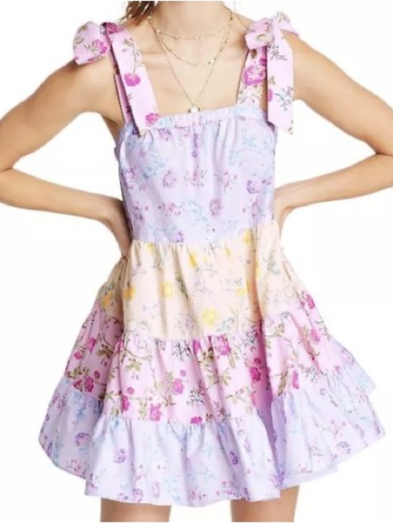 LoveShackFancy Dresses & Skirts - LoveShackFancy Pastel Floral Tiered Mini Dress with Bow Straps